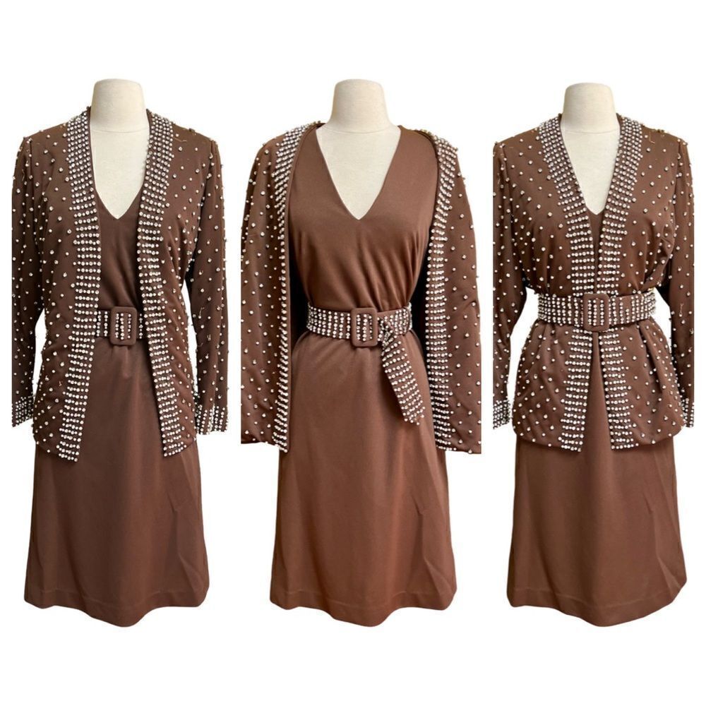 Vintage Handmade One of a Kind Beaded Rhinestone 3 Piece Belted Dress Jacket Set